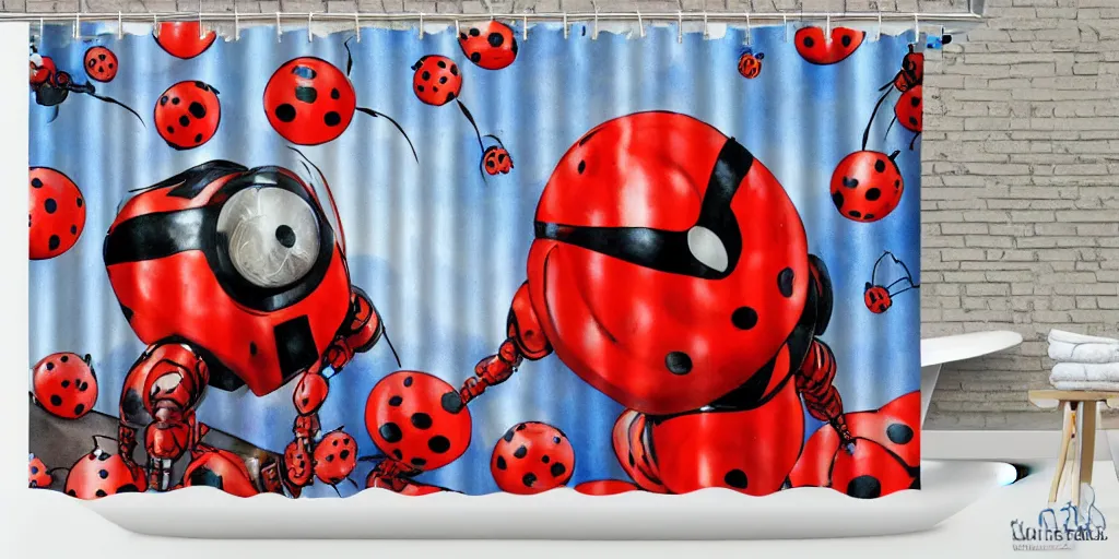 Image similar to shower curtain product catalog. wide - angle photo. on the curtain is a low - angle hero - shot watercolor of a ladybug robot. the robot has an epic showdown with darth vader. the water color has ink under drawing. highly coherent, product photography of a shower curtain, product lighting. 4 k, highly detailed. saturated.