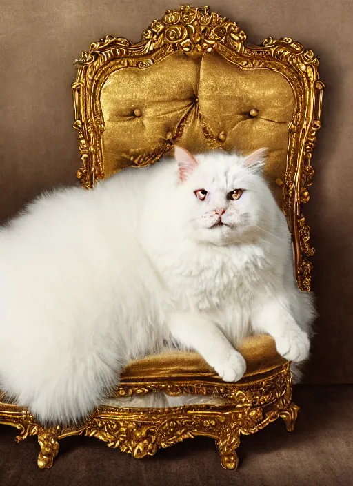 Prompt: a magnificent portrait of a fluffy fat cat on a precious embroidered velvet cushion on a neo - rococo gilded little bed with precious stones, ball of yarns all around, by david lachapelle, photorealistic, canon r 3, photography, wide shot, symmetrical features, symmetrical pose, wide angle shot, standing pose, feet on the ground