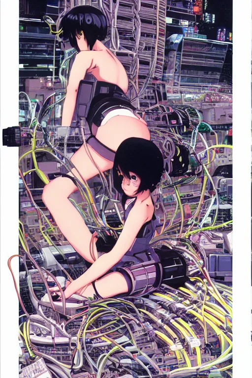 Image similar to awe inspiring cyberpunk anime style illustration of an android girl seated on the floor in a tech labor, seen from behind with her back open showing a complex mess of cables and wires, by masamune shirow and katsuhiro otomo, studio ghibli color scheme, japan, 1980s, dark, complex