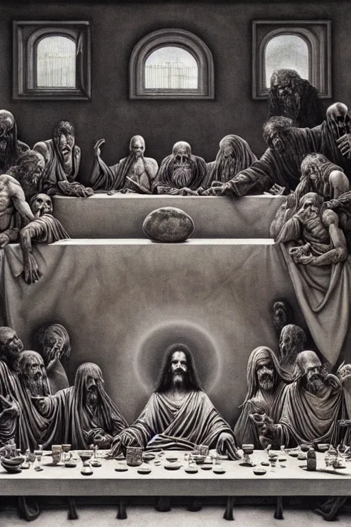 Image similar to hyper realistic painting of the last supper by wayne barlowe, beksinski, hr giger, austin osman spare, bussiere