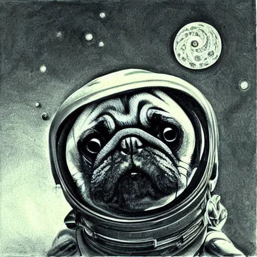 Image similar to pencil art, golden - ratio, spirals, highly detailed, psychedelic shapes, astronaut pug in outer space by davinci.