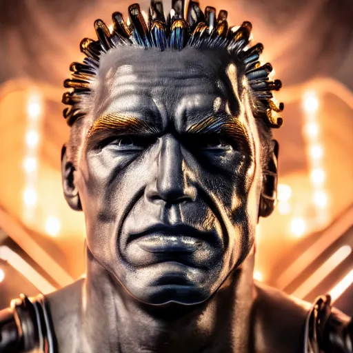 Image similar to beautiful Fine art photo portrait of enraptured Arnold Schwarzenegger as a solarpunk robotic god, white mechanical parts with led lights, photorealistic, white background, highly detailed and intricate, sunset lighting, HDR 8k