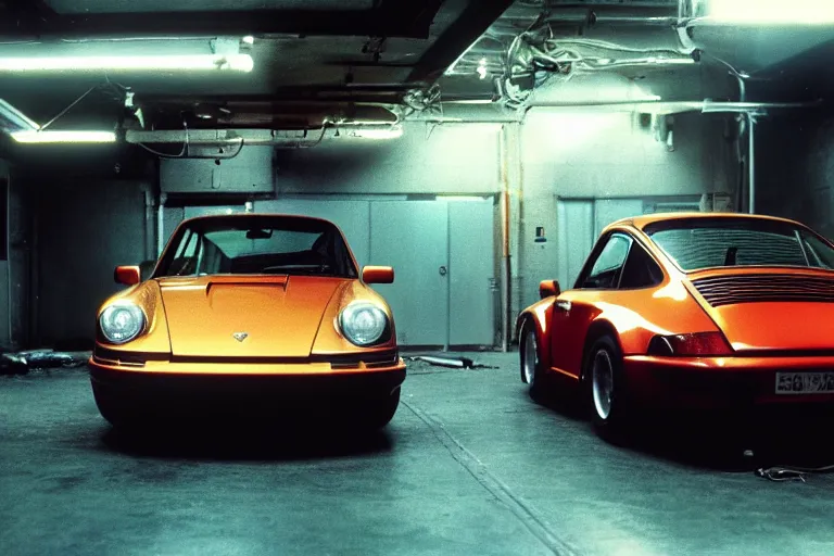 Prompt: a single 1 4 8 0 porsche 9 1 1, inside of a tokyo garage, ektachrome photograph, movie still from bladerunner