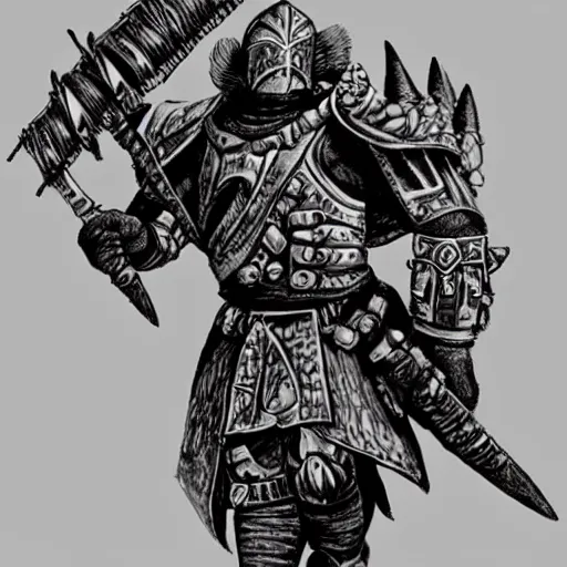 Image similar to a kislev warrior who is wearing iron gauntlets in the shape of bear claws in the style of warhammer fantasy : : head and shoulders drawing