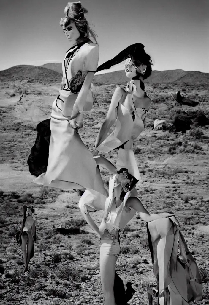 Prompt: fashion editorial on Nevada nuclear bomb test site. 1956. highly detailed. depth of field. high definition. 8k. photography.