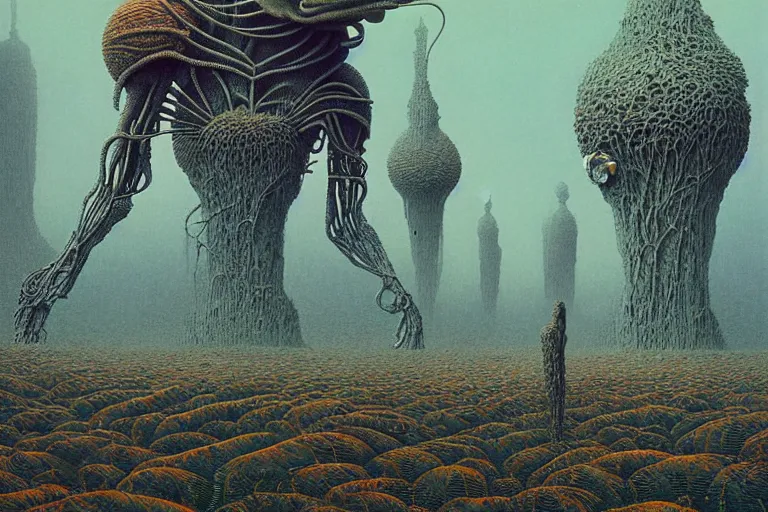 Image similar to a surreal and awe - inspiring science fiction landscape, alien plants and animals, intricate, elegant, highly detailed matte painting by beksinski and simon stalenhag