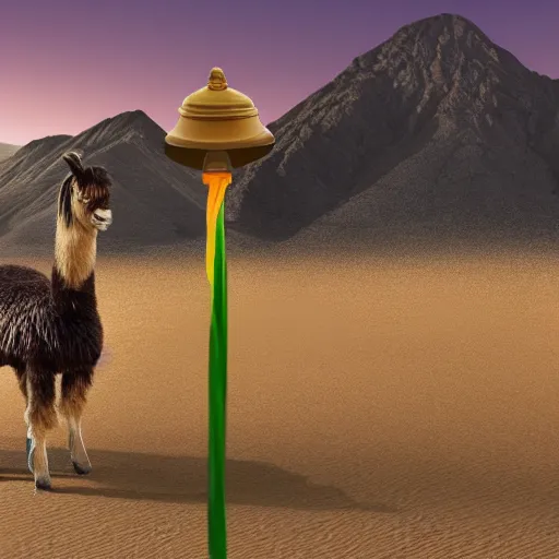 Prompt: a digital art picture of a child riding a llama with a bell on its tail through a desert