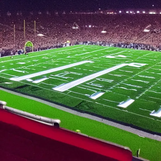 Image similar to Cellphone photo from the stands of a football stadium. An alien spacecraft lands on the field during a game