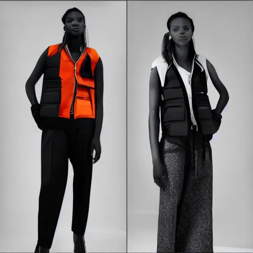 Prompt: realistic photoshooting for a new balenciaga lookbook, color film photography, portrait of a beautiful woman, model is wearing techtical vest, photo in style of tyler mitchell, 3 5 mm,