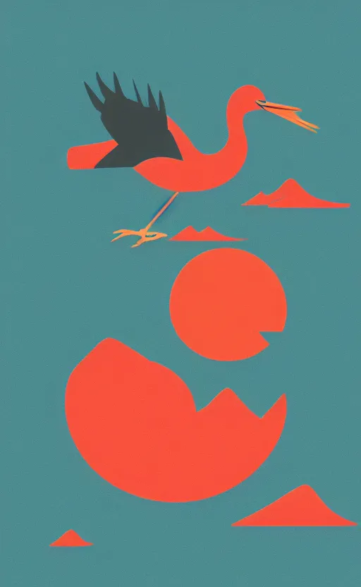 Prompt: fresh poker card design, vector, solid colors, a huge japanese crane bird is chilling above a lake in the middle of a forest of japanese pines, a big red sun in the background, clean elements, trending on kickstarter