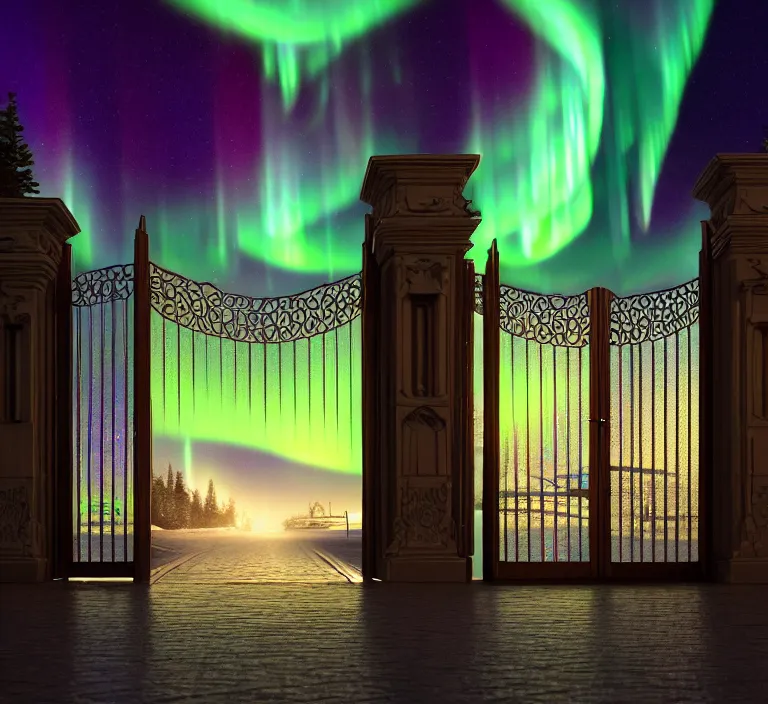 Prompt: a very detailed concept art of intricate and light gates to aurora borealis, trending on artstation, symmetry, digital art, 4 k, hyper realistic, octane render, sharp focus