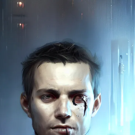 Image similar to Portrait of a man by Greg Rutkowski, symmetrical face, an young man with a VR Heaset covering his eyes, Kubric Stare, cold, twisted and sinister smile, highly detailed portrait, scifi, digital painting, artstation, book cover, cyberpunk, concept art, smooth, sharp foccus ilustration, Artstation HQ