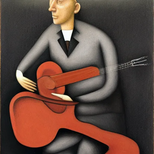 Image similar to a painting of a man playing the guitar by gertrude abercrombie. precisionism, surrealism, dark, low contrast, featured on pixiv, art on instagram, detailed painting