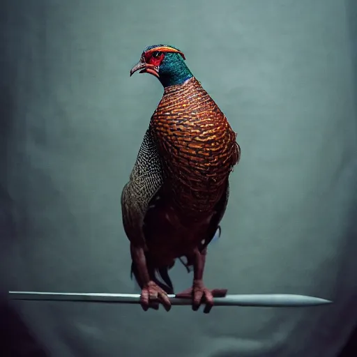 Image similar to Pheasant holding a sword, by lily seika jones Instagram, rivuletpaper art, top cinematic lighting, cinematic mood, very detailed, shot in canon, 8k, high