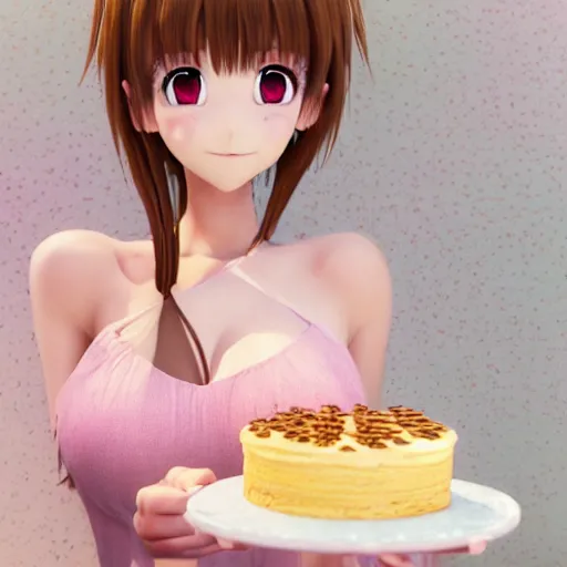 Image similar to Render of a beautiful 3d anime woman holding a birthday cake to show the camera, long light pink hair, full bangs, hazel eyes, cute freckles, full round face, proud smile, Chinese heritage, cute checkerboard sundress, golden hour, serene beach setting, medium shot, mid-shot, hyperdetailed, trending on Artstation, Unreal Engine 4k