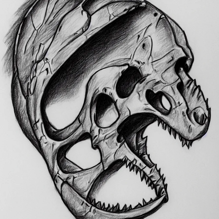 Prompt: pencil sketch of a stylized dinosaur skull symbol