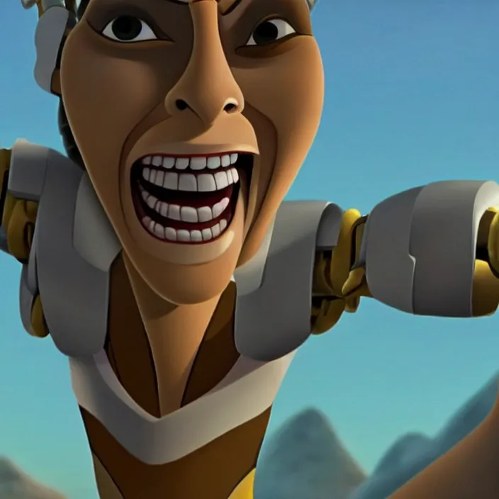 Image similar to Joyful! smiling Emma Watson wearing cyborg prosthetic, from The emperor's new groove (2000). Clear body. Light Clothes. Cinematic. Professional Photo. Low angle. 8k. Clear Face.