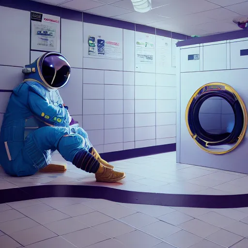 Image similar to a beautiful photo of an astronaut waiting in a laundromat, soft light, morning light, photorealistic, realistic, octane, 8k, cinematic shot