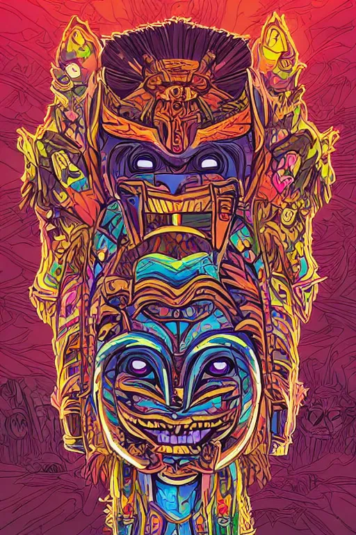 Image similar to totem animal mask tribal feather gemstone plant wood rock shaman vodoo video game vector illustration vivid multicolor borderlands comics by josan gonzales and dan mumford radiating a glowing aura