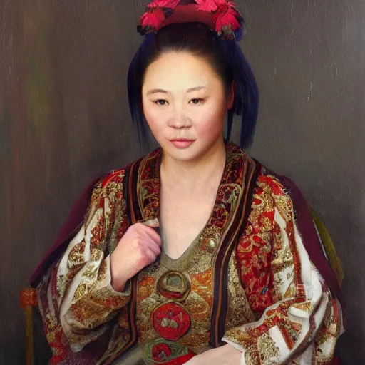 Image similar to portrait of an asian russian woman ( 3 5 ) from chabarovsk, russia in 2 0 2 1, an oil painting by ross tran and thomas kincade