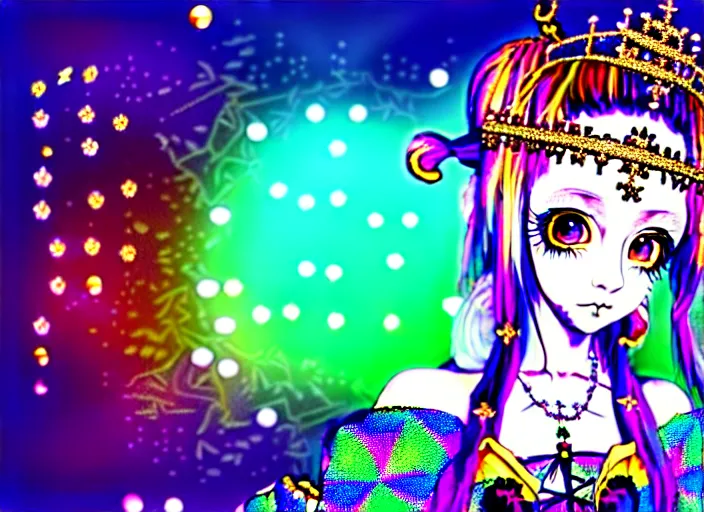 Prompt: baroque bedazzled gothic royalty frames surrounding a pixelsort highly detailed portrait of a colorful deocra cute jester art of a pixiv anime girl, a hologram by penny patricia poppycock, pixabay contest winner, holography, irridescent, photoillustration, maximalist vaporwave