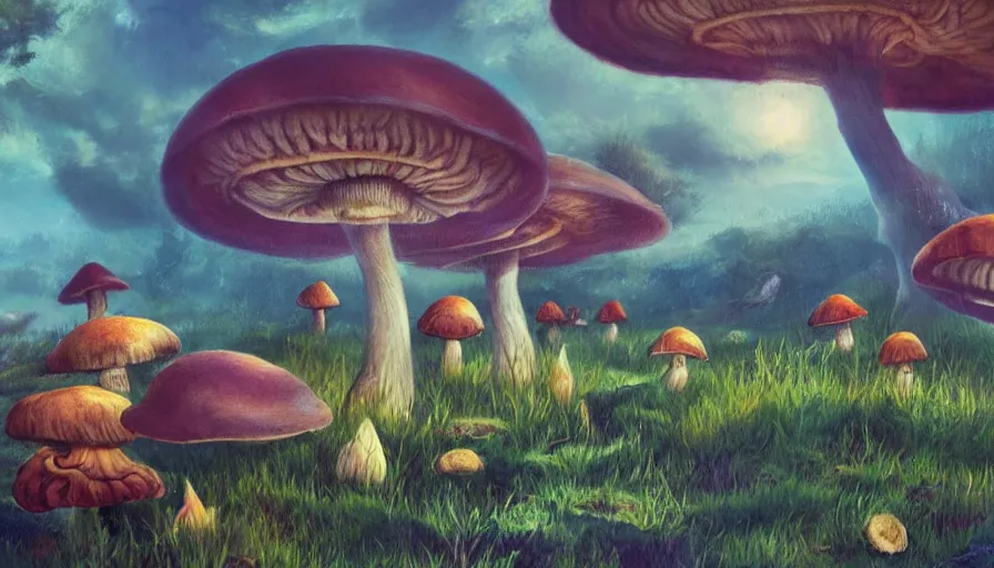 Prompt: a society of many different sentient mushrooms, landscape painting, fantasy, surrealism, plants and nature, warm lighting