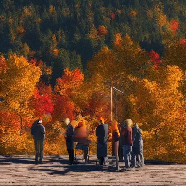 Image similar to pumpkin headed people ordering maple coffee at a maple coffee stand, maple trees with fall foliage, on a mountain in new hampshire, volumetric, realistic, cinematic lighting, ray tracing, unreal engine 5, octane render, hyper realistic, photo, 8 k