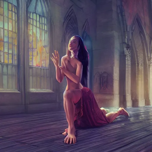 Prompt: Art station concept of a beautiful girl kneeling in front of a religious shrine, Hypnosis, Trance, symmetrical face, smooth body features, by Stanley Artgerm Lau, WLOP, Rossdraws, James Jean, Andrei Riabovitchev, Marc Simonetti, and Sakimichan, trending on artstation