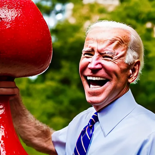 Image similar to portrait photo of Biden finding a giant red mushroom, exhilarated, portrait, closeup. mouth open, 30mm, bokeh