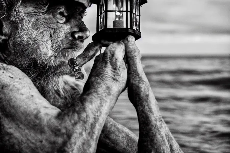 Image similar to closeup old man holding up a lantern on the beach in a pirate bay meet to a old wood shack by emmanuel lubezki