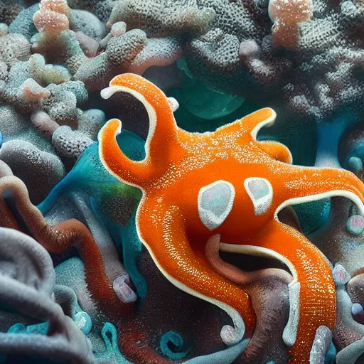 Image similar to close-up of a sea slug looking like fantasy characters in its habitat, trending on artstation