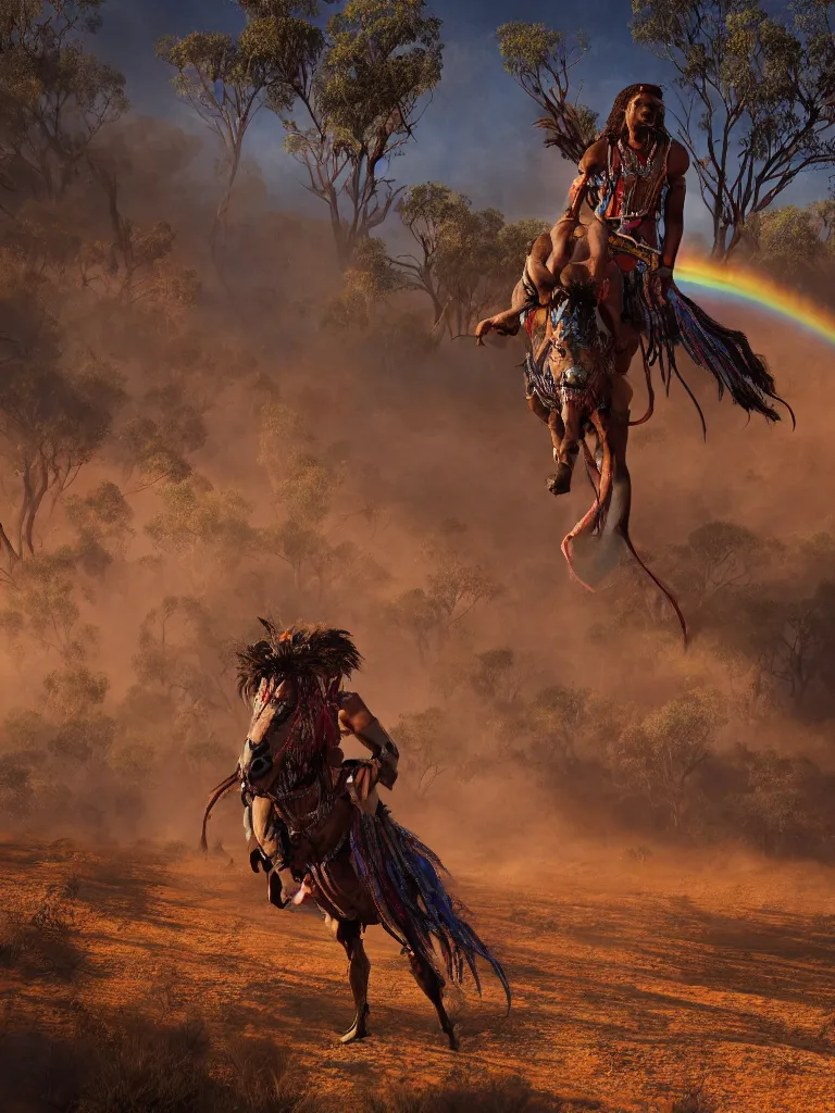 Image similar to a mystical aboriginal riding the rainbow serpent through outback australia, by viktoria gavrilenko, octane render, 8 k, beautifully lit