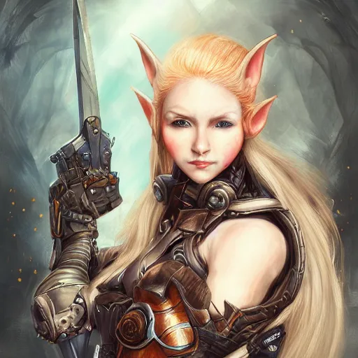 Image similar to portrait of a female elf orc by ayami kojima, she is about 2 0 years old, american pretty, copper hair, annoying but friendly, she is wearing a modern tactical gear, scifi, highly detailed portrait, digital painting, artstation, concept art, smooth, sharp foccus ilustration, artstation hq