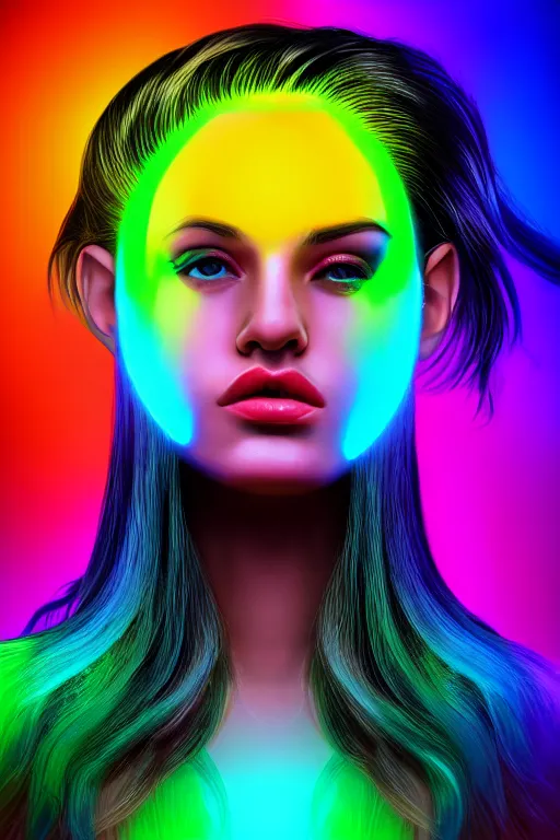 Image similar to a award winning half body portrait of a beautiful woman with stunning eyes in a croptop and cargo pants with rainbow colored ombre hairstyle head in motion and hair flying by thomas danthony, outlined by whirling illuminated neon lines, microphone, outrun, vaporware, shaded flat illustration, digital art, trending on artstation, highly detailed, fine detail, intricate