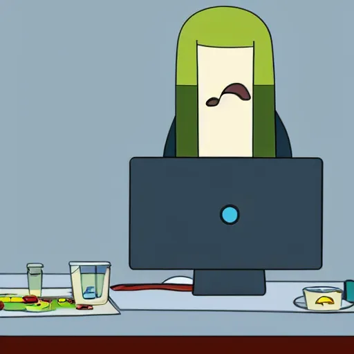 Image similar to a very animated tired person with bloodshot eyes and tongue out staring at the computer with growing desperation, adventure time animation style