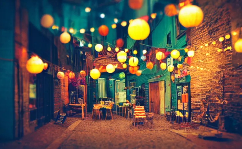 Image similar to mini cafe diorama macro photography, alleyway, ambient, colorful paper lanterns, atmospheric photograph, string lights, romantic