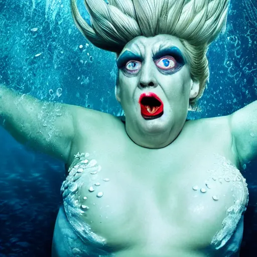 Image similar to Trump as Ursula the sea witch underwater, 8k, professional photography, cinematic shot, dark, smoke