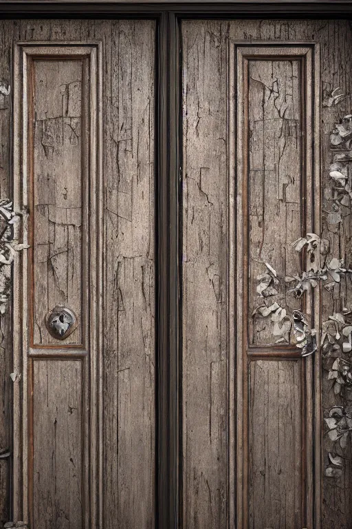 Image similar to a huge old weathered dark brown wooden door with shiny metallic rush plant ornaments, ornate, fantasy, photorealistic, realistic, octane render, volumetric light, high definition, ultra detailed, tranding on artstation, midjourney