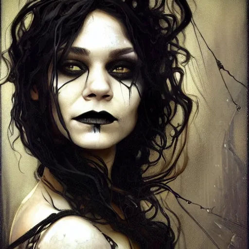 Image similar to beautiful portrait of vanessa hudgens as death from sandman, smiling, by cedric peyravernay, alphonse mucha, by jeremy mann, by lecouffe deharme, goth chic, soft lightning, eyeliner, punk rock, high detailed, 8 k