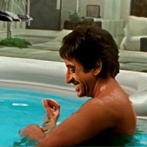 Image similar to al pacino scarface hot tub scene, except he is smiling and holding a laptop