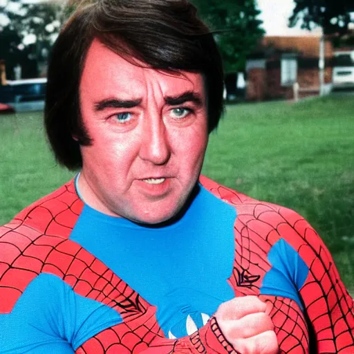 Image similar to 1970s colour polaroid of jimmy tarbuck as spider man without a mask on a british council estate