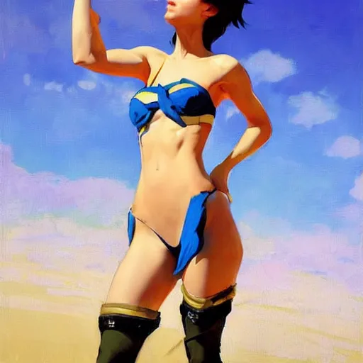 Prompt: greg manchess painting of tracer wearing a bikini knight armor, medium shot, organic painting, sunny day, bold shapes, hard edges, street art, trending on artstation, by huang guangjian and gil elvgren and sachin teng and artgerm and greg rutkowski and alphonse mucha