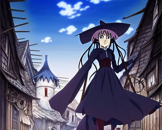 Image similar to ( ( majo no tabitabi ) ), key anime visual portrait of a young female witch walking through a busy medieval village, dynamic pose, dynamic perspective, cinematic, dramatic lighting, detailed silhouette, anime proportions, perfect anime, yoh yoshinari, ( murata range )