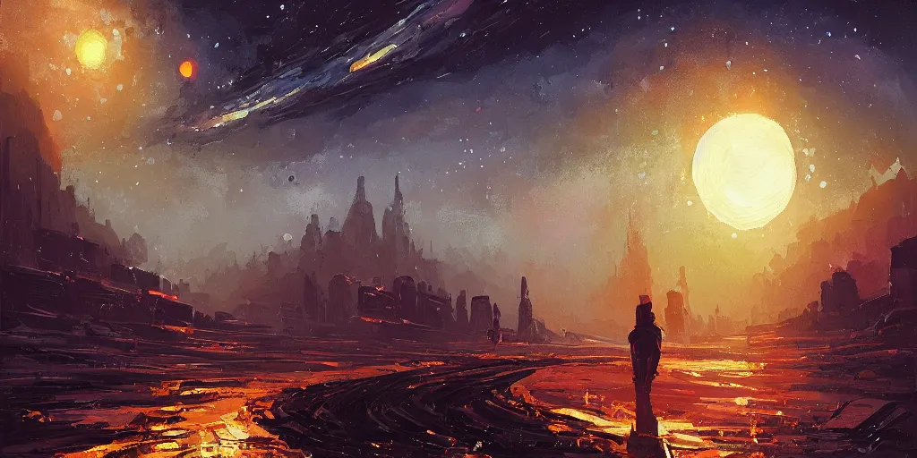 Image similar to a mysterious epic gouache painting of a steampunk planet by alena aenami in the style of romanticism art, trending on art station