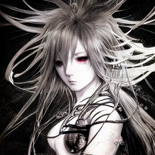 Image similar to Yoshitaka Amano realistic illustration of an anime girl with black eyes, wavy white hair fluttering in the wind and cracks on her face wearing Elden ring armour with engraving, abstract black and white patterns on the background, noisy film grain effect, highly detailed, Renaissance oil painting, weird portrait angle, blurred lost edges, three quarter view