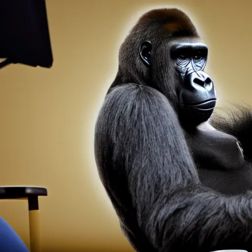 Prompt: an image of a gorilla sitting in a chair in the presidental press briefing room, hyper realistic, 4 k, depth of field.