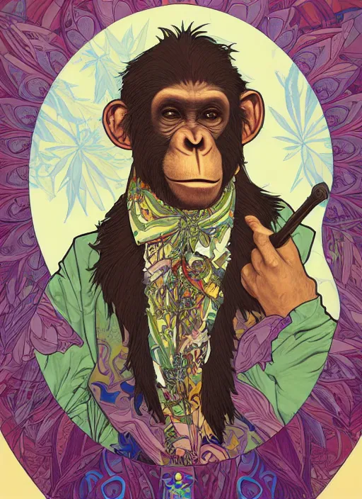 Prompt: portrait of a bored ape, wearing a costume made out marijuana designs, colorful bandana, behance hd artstation, by moebius, alphonse mucha, ayami kojima, amano, greg hildebrandt, and mark brooks, masculine, male, art nouveau, neo - gothic, gothic, character concept design, dynamic light, stylised illustration, disco elysium