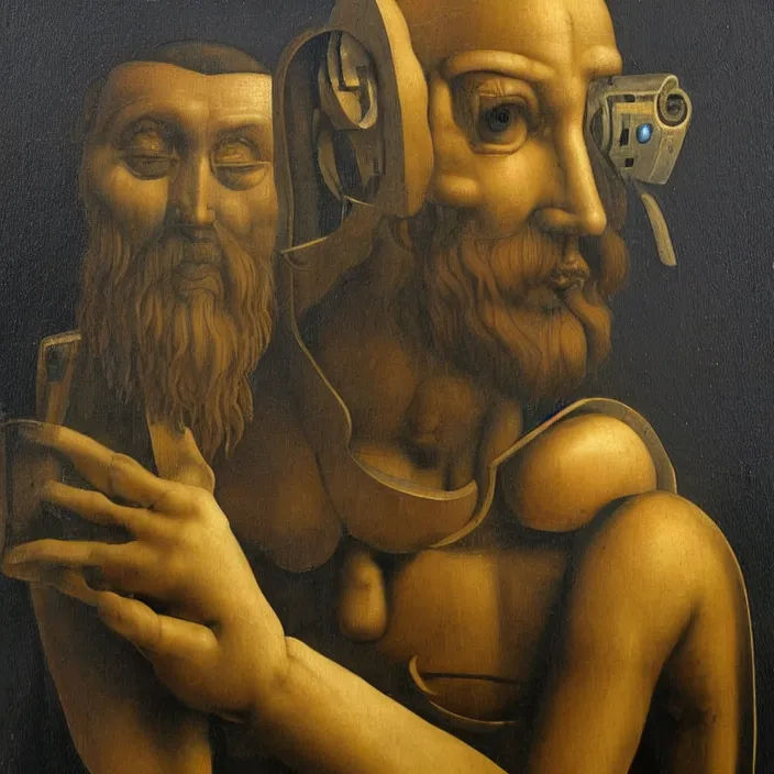 Image similar to an oil painting in the style of leonardo da vinci of half robot half man, indicating to ai