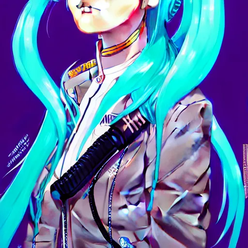 Image similar to high quality high detail 3 / 4 portrait of a hatsune miku as diesel punk character in an futuristic world, techwear, tristan eaton, victo ngai, artgerm, rhads, ross draws, hyperrealism, intricate detailed, alphonse mucha, pastel colors, vintage, artstation