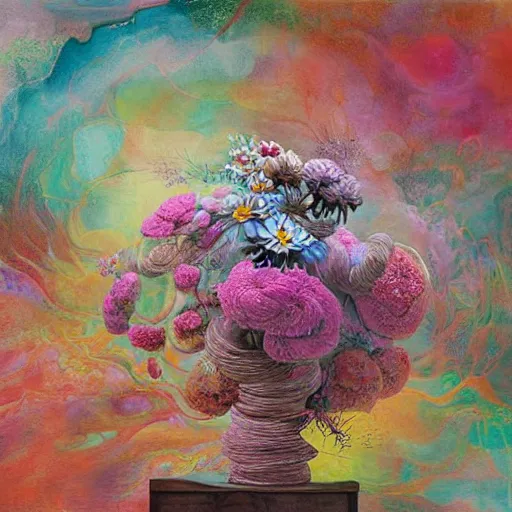 Prompt: This painting is a large canvas, covered in a wash of color. In the center is a cluster of flowers, their petals curling and twisting in on themselves. The effect is ethereal and dreamlike, and the overall effect is one of serenity and peace. kokedama by Nikolina Petolas, by Krenz Cushart, by Syd Mead wondrous